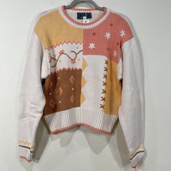 Vintage 80s Patchwork Floral Sweater Coastal Grandma Cottage Prairie Kawaii L - Picture 1 of 10